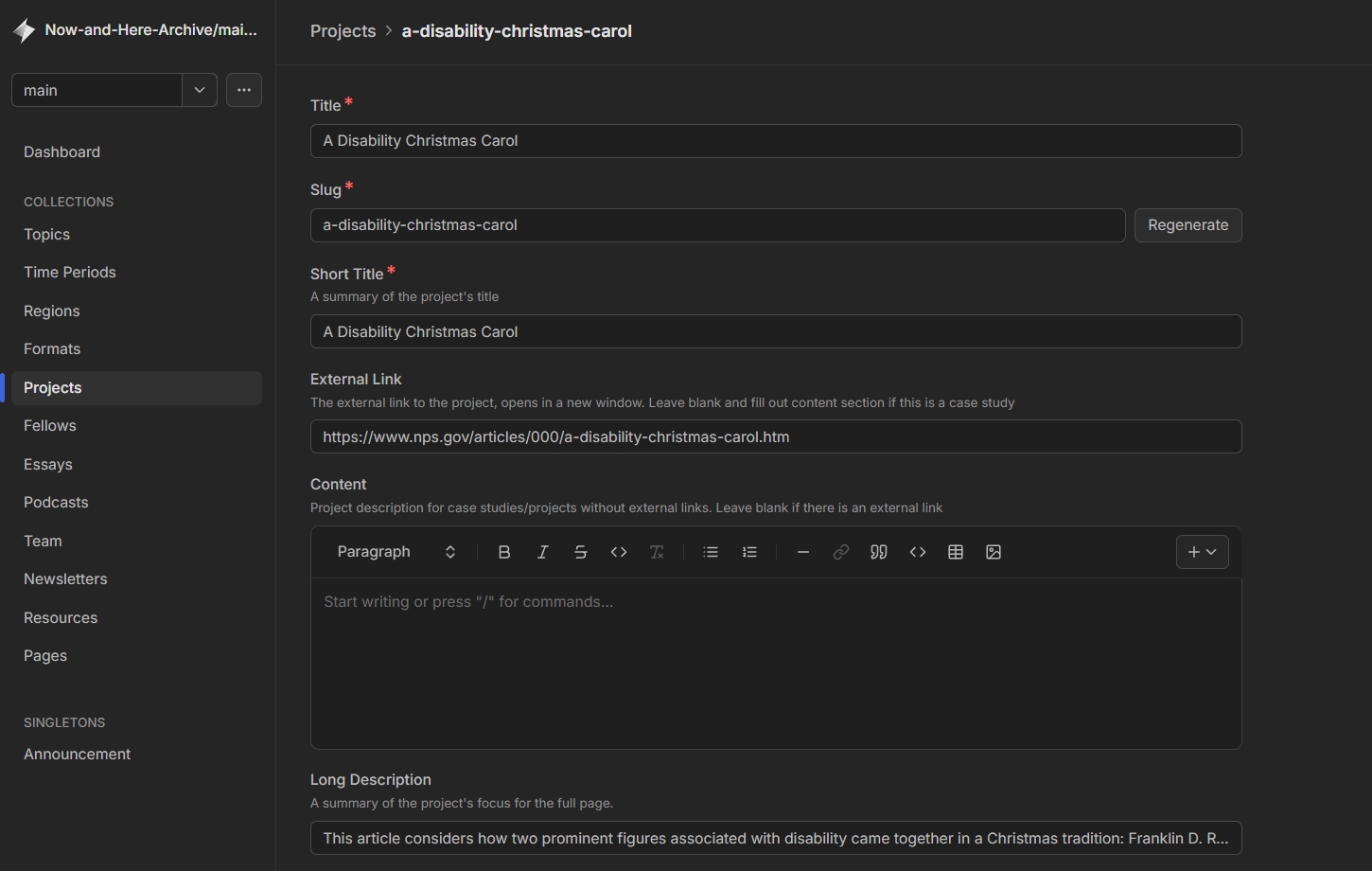 Now & Here Keystatic CMS interface