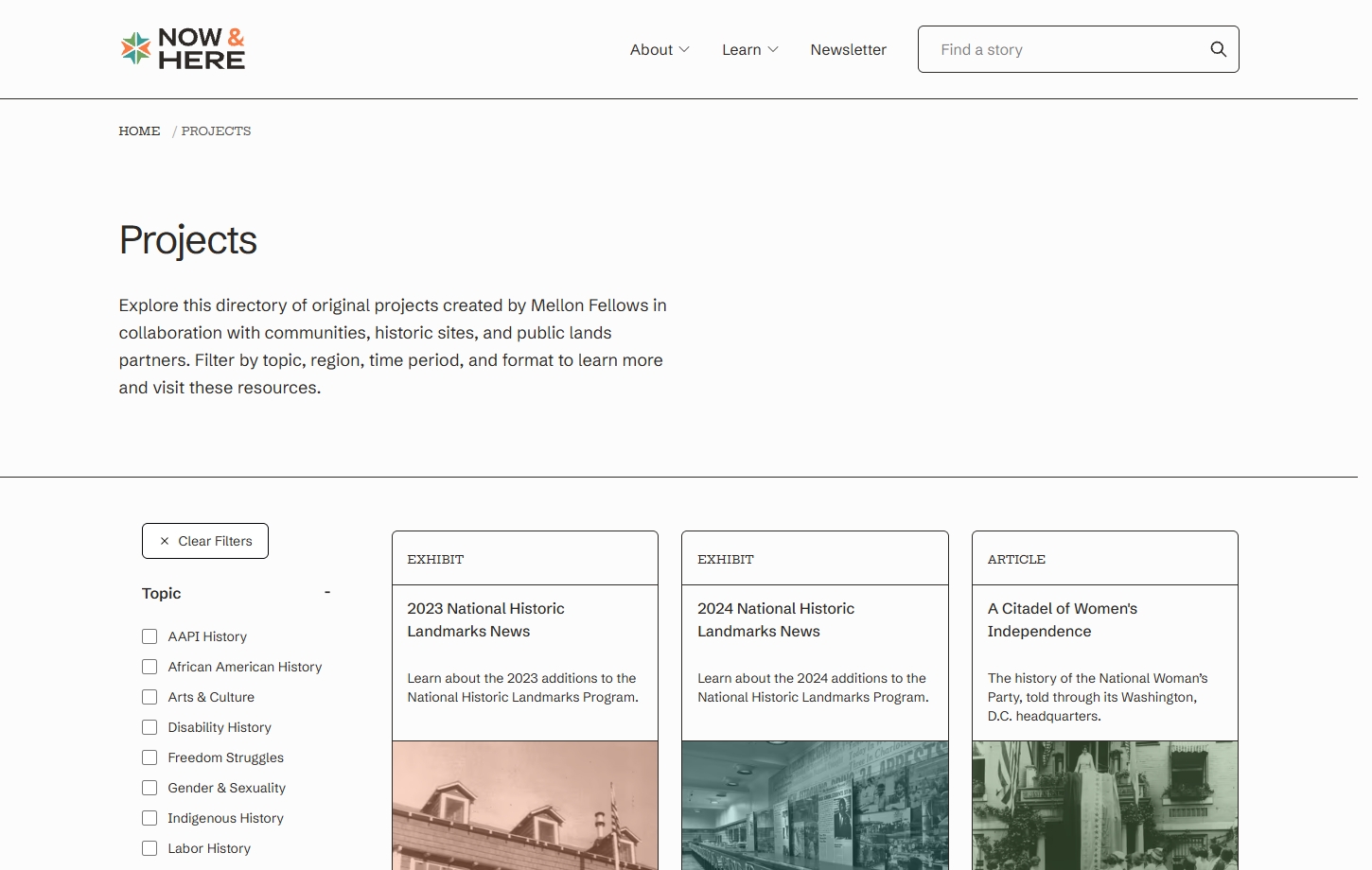 Now & Here projects page