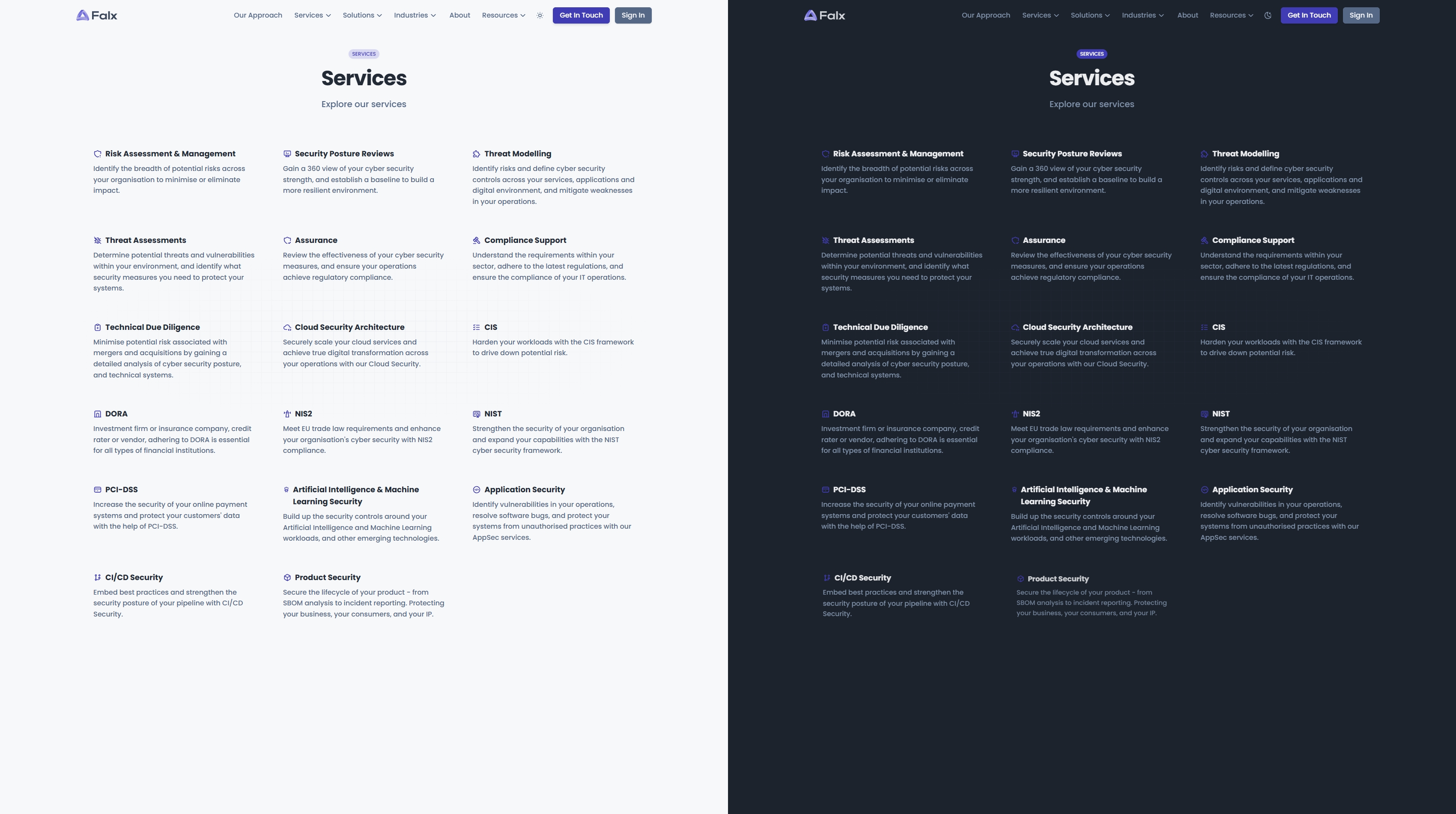 Falx services page in light and dark mode