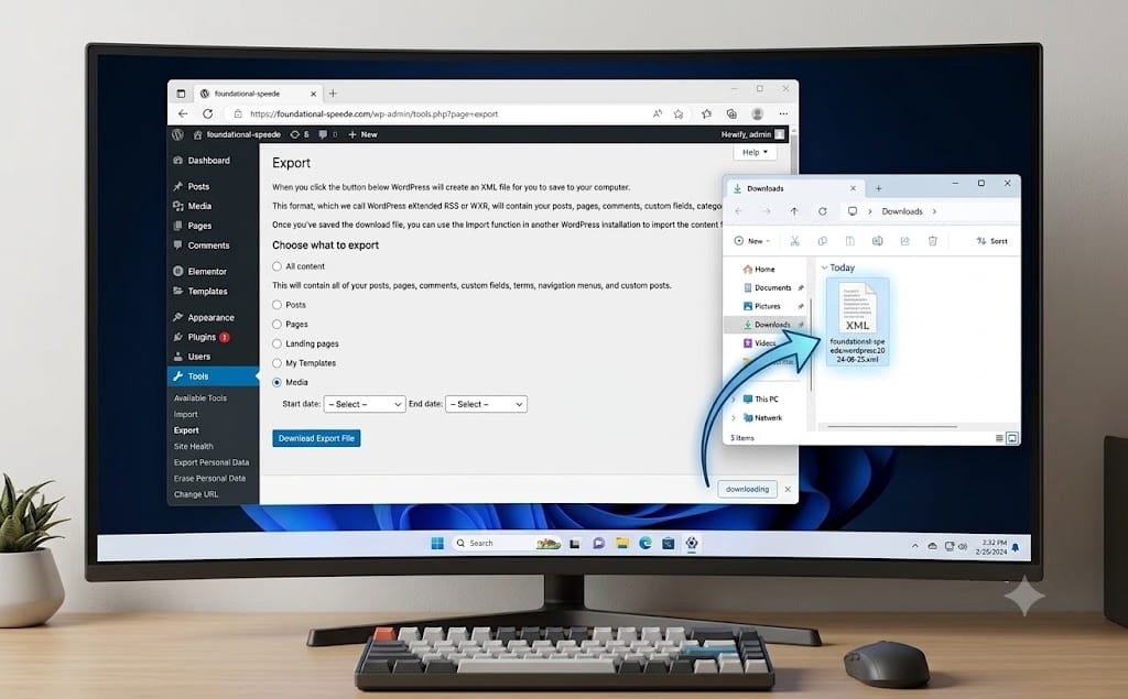 WordPress export tool interface showing XML export and uploads folder download